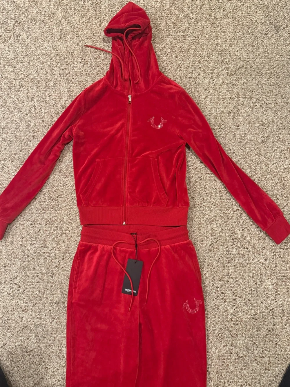True Religion Red Velour Zip Hoodie & Joggers Set